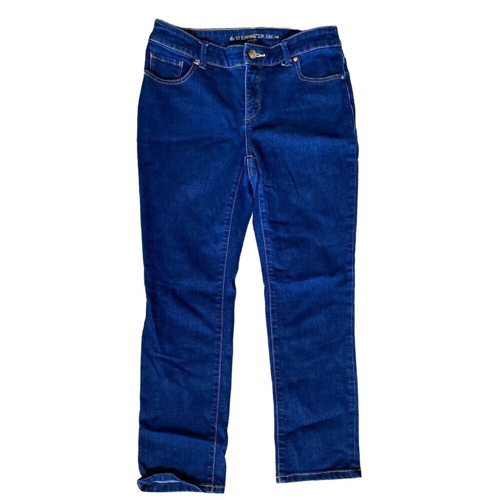 The so slimming slim blue denim jean straight leg pants women size 0 Short